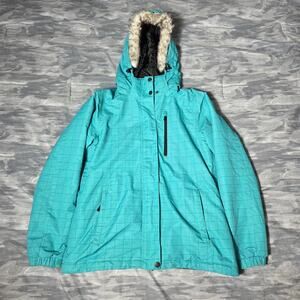 Iceburg Outerwear Women's Ski Snow Jacket Sz M Teal Grid Faux Fur Hood